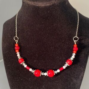 SNOW CHERRIES — Handcrafted Red & White Glass Beaded Necklace w Stainless Steel